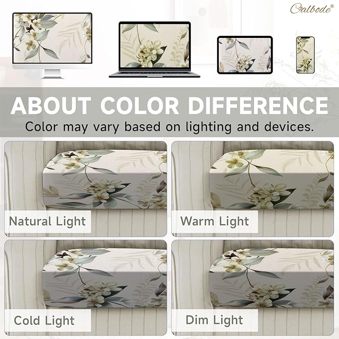 CALBODE 14 Pcs Stretch Outdoor Seat Cushion Covers, Washable Chair Seat Cover for Patio Furniture Cushions Soft Indoor and Outdoor Couch Cover Replacement (Beige Botanical, Cover Only)
