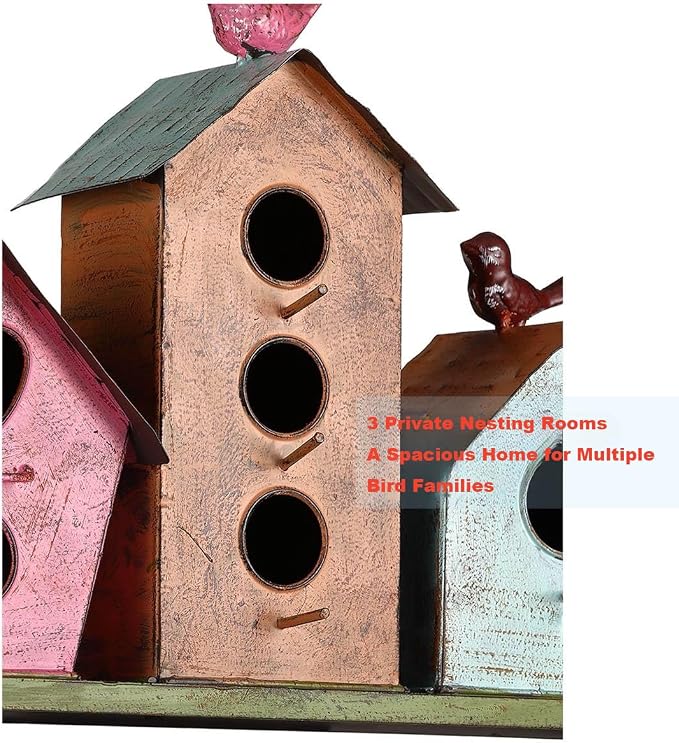 Large Bird House for Outside, 3-Room Metal Birdhouse with Easy Clean Door | Vintage metal bird house with 3 rooms, perfect shelter for finches, wrens and cardinals, featuring a handy clean door