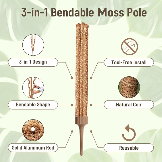 3-in-1 Moss Pole, Bendable Monstera Plant Support, 30Inch Moss Poles for Climbing Plants, Plant Stakes for Indoor Plants, Plant Support for Monstera, Pothos - 1 Pack