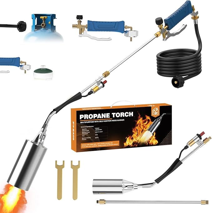 Propane Torch Weed Burner Kit, High Output with Long/Short Mode,11.5FT Hose Heavy Duty Blow Torch Flamethrower with Self Igniter and Turbo Trigger for Weeding, Roofing, Melting Ice, BBQ (Blue)