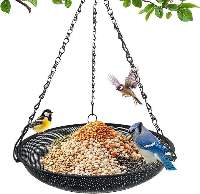 Hanging Bird Feeder for Outdoors – 12 in Platform Bird Feeder, Metal Mesh Seed Tray for Wild Birds, Black