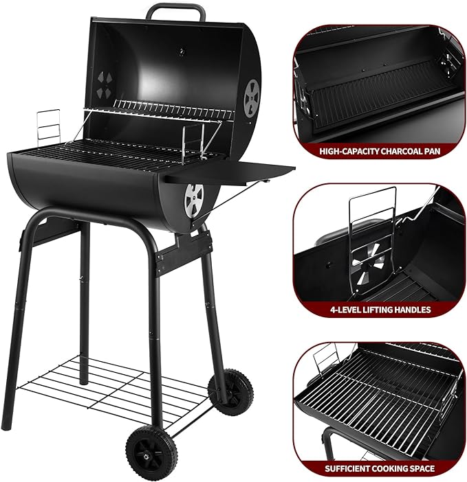 Charcoal Grill Outdoor BBQ Grill, Barrel Charcoal Grills with Side Table, with Nearly 500 Sq.In. Cooking Grid Area, Outdoor Backyard Camping Picnics, Patio and Parties, Black by DNKMOR