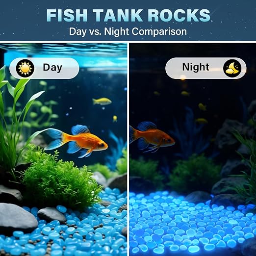 PoYang 1000pcs Glow in The Dark Rocks Outdoor - Blue Resin Glowing Pebbles for Landscaping, Garden, Fish Tank and Aquarium Indoor Decor, Powered by Sunlight or Lamplight (0.4"-0.7"/pc, 1.2lbs/Bag)