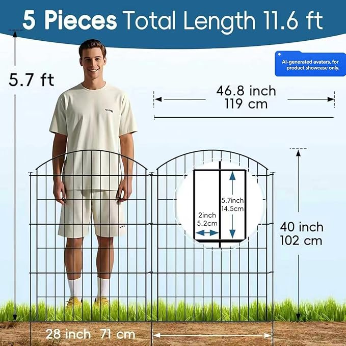 Thealyn Metal Garden Fence 40 inch H x 28 inch W (5 Panels, Total Length 11.6 ft) No Need Dig Outdoor Rustproof Animal Barrier Fencing Border Fence for Dog, Patio,Yard, Landscape, Flower Bed