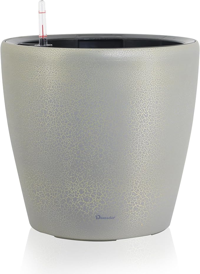 Dexceder 18x17 Self Watering Planter with Wheels (Grey Gold Crackle) | Inner Pot Design, Thickened Large Floor Standing Flower Plant Pot with Water Level Indicator Indoor Outdoor