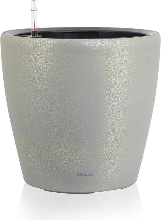 Dexceder 13x12 Self Watering Planter with Wheels (Grey Gold Crackle) | Inner Pot Design, Thickened Large Floor Standing Flower Plant Pot with Water Level Indicator Indoor Outdoor