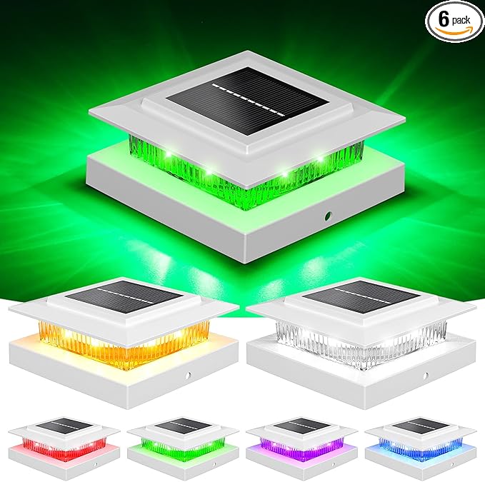 NIORSUN Solar Post Cap Lights Outdoor Waterproof, 4x4 Post Solar Lights RGB Color Changing, Fence Posts Solars Light for Deck Patio Garden Deco, 4x4 Posts Caps Wood Vinyl, 5x5 Vinyl, 6 Pack (White)
