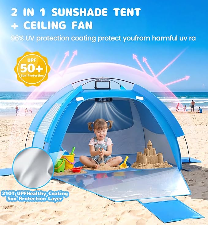 Baby Beach Tent Solar Cooling Fan, Anti-UV Toddler Beach Tent Sun Shelter Portable Travel Fan Beach Shade Tent, Baby Play Tent Built-in Ceiling Fan Sun Shelters Toddler Beach Essentials