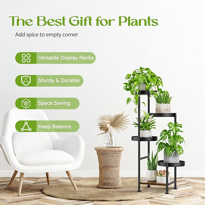 Oppro Plant Stand Indoor Outdoor, 5 Tier Metal Flower Pot Shelf Holder Clearance, Tall Corner Rack for Multiple Plants, Modern Organizer Display for Patio Orchid Office Porch Living Room Garden, Black