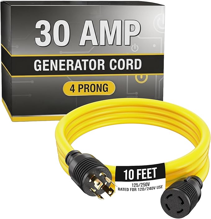 Houseables 30 Amp Generator Cord, Generator Cord, NEMA L14-30P to L14-30R, 30 Amp Extension Cable, 125/250V for 240V Use, 240 Volt, 30amp Power Wire, 4 Prong Plug, Dryer, UL CUL, 10 Gauge, 7500W, 10FT
