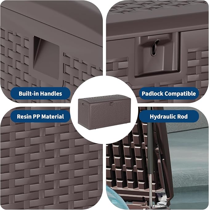 Large Resin Deck Box 120 Gallon with Lockable Lid, Waterproof Outdoor Storage Box and 500-Lb Bench Seat for Patio Cushions, Pool Toys, Garden Tools, Porch, Backyard, Deck, and Indoor Use