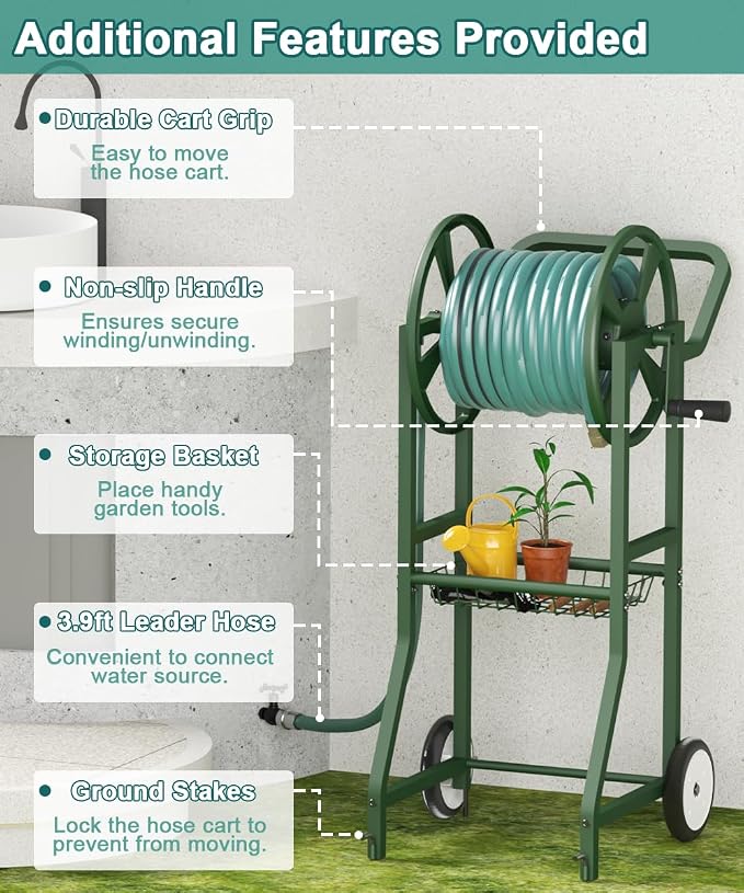 Artigarden Garden Hose Reel Cart with Wheels, Outdoor Heavy Duty Powder Coated Steel Water Winder Storage Holds 125 ft 5/8" Hose with 3.9ft Leader Hose and Basket for Backyard, Yard, Lawn, Green