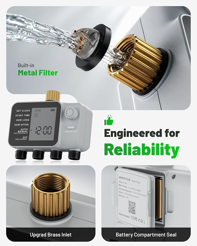 [All-New 2027] 4 Zone Sprinkler Timer with Brass Inlet, Unistyle 4 Outlet Programmable Water Timer for Garden Hose with Rain Delay, Manual Watering Automatic Irrigation Hose Timers for Yard Lawn Patio