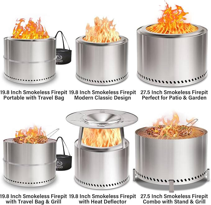HGD 20 Inch Smokeless Fire Pit Outdoor, Stainless Steel Wood Burning Firepit with Secondary Combustion, Backyard Patio Stove for Garden BBQ & Bonfire