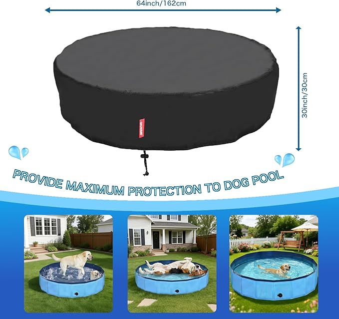 QH.HOME[2026 Upgrade 500D Thickened] 63-64 inch Kiddie Pool Cover Round, Collapsible Dog Pool Cover with Super Windproof Dual-Drawstring, Odorless Waterproof Fabric Material - Only Cover