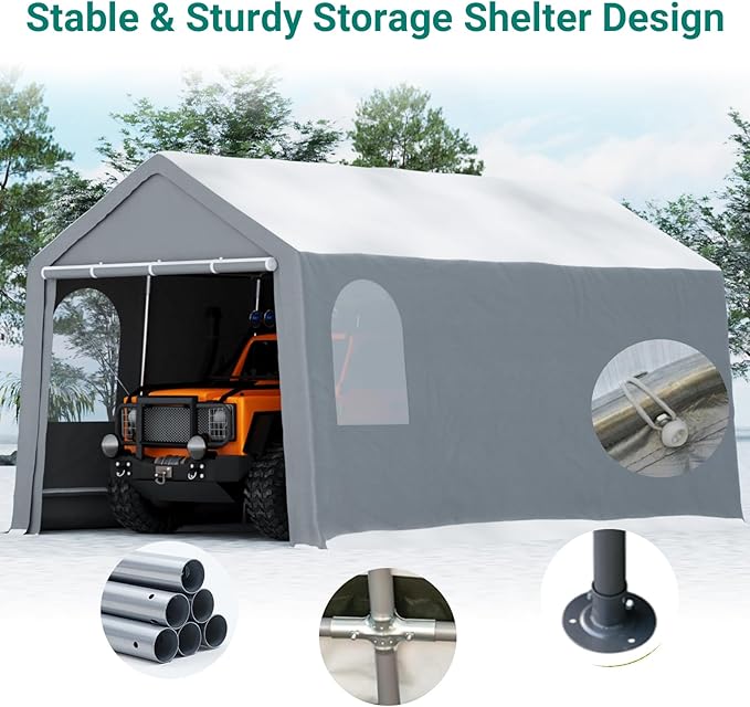 13'x20' Heavy Duty Grey PE+Steel Carport Canopy, Waterproof Outdoor Storage Shelter for Bike & Firewood