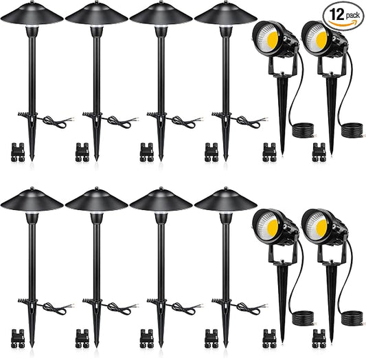 SUNVIE LED Low Voltage Landscape Lighting 12V Landscape Lighting Kit with Connectors, Low Voltage Pathway Lights with Spotlights Aluminum Pathway Lights Wired Waterproof for Patio Yard Garden, 12 Pack