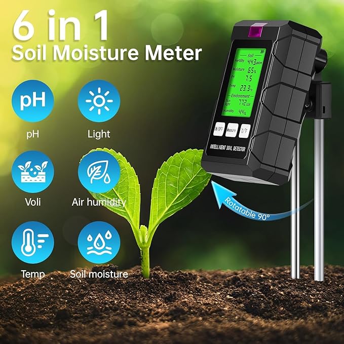 LDOPTO 6-in-1 Soil Moisture Meter, Soil Test kit with Moisture/pH/Temperature/Sunlight/Air Humidity/Fertility, Soil Tester for Farming, Gardening and Outdoor Plants (2*AAA Battery Needed)