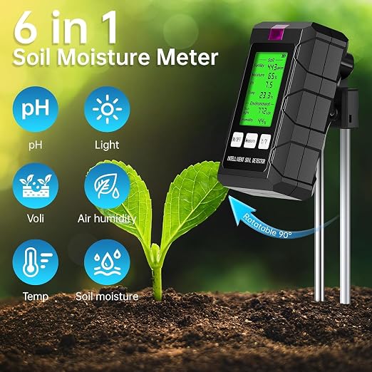 6-in-1 Soil Moisture Meter, Soil Tester for Moisture, pH, Temperature, Sunlight, Air Humidity and Fertility, for Farming, Gardening and Outdoor Plants (2*AAA Battery Needed)