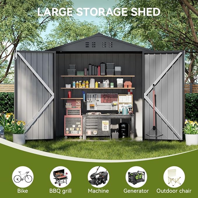 COMHOMA Shed Outdoor Storage Shed Metal,Lockable Doors Tool Sheds with Sloping Roof,Steel Garden Shed with Air Vent for Backyard,Patio,Lawn,Poolside(Grey,8'x6')