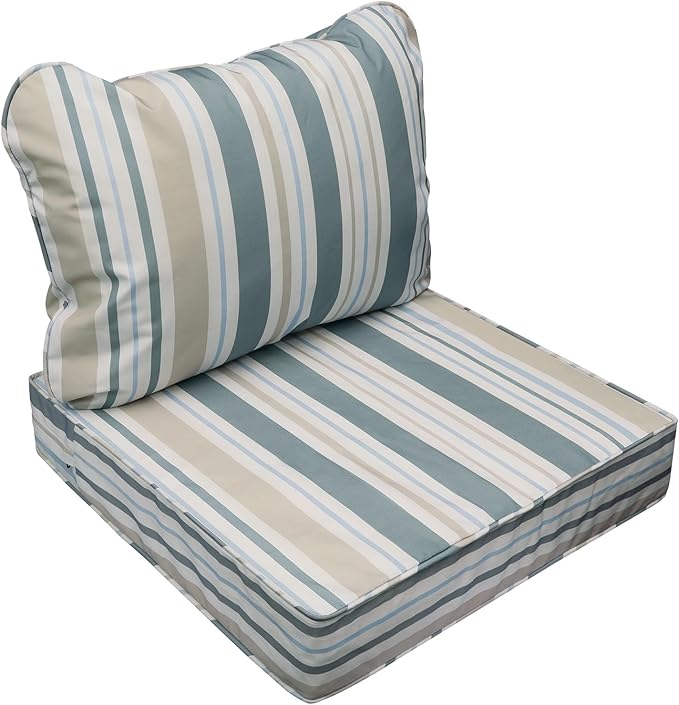 AAAAAcessories Outdoor Seat Cushions for Chairs, Fade-Resistant, Waterproof Patio Furniture Replacement Cushions, 22" x 24" x 5" + 22" x 19", Slate Gray Blue Coastal Stripe