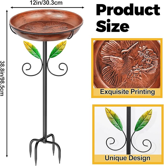 Metal Bird Bath for Outside Feeder Bowl, 38.8“ Detachable Birdbath & Birdfeeder with Hummingbird Flower Reliefs, Vintage Birds Baths for Outdoors Garden Yard Lawn Decor (Bird Retro Brown)