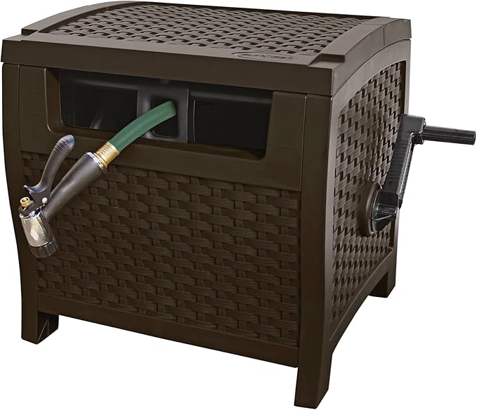Suncast 22 Gallon Resin Storage Seat and 175 ft Wicker Style Hose Hideaway, Java