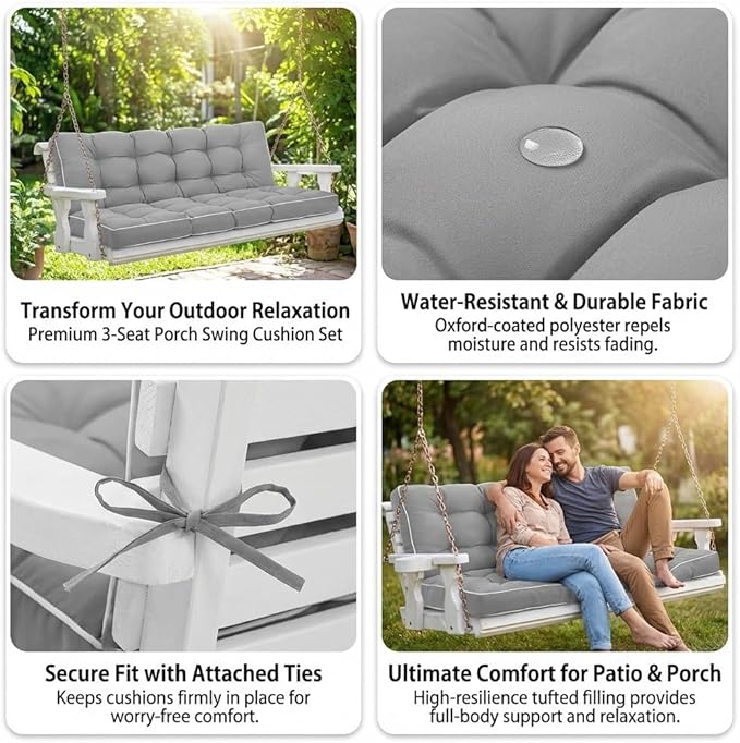 3 Seat 57 Inches Outdoor Porch Swing Cushions,Water-Resistant Tufted Patio Swing Replacement Cushions