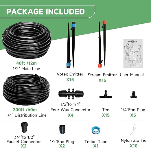 Riboud 240FT Drip Irrigation System Kit, Automatic Garden Watering System for Plant, Greenhouse, Yard, Lawn, with 1/2 inch 1/4 inch Irrigation Tubing Hose and Accessories
