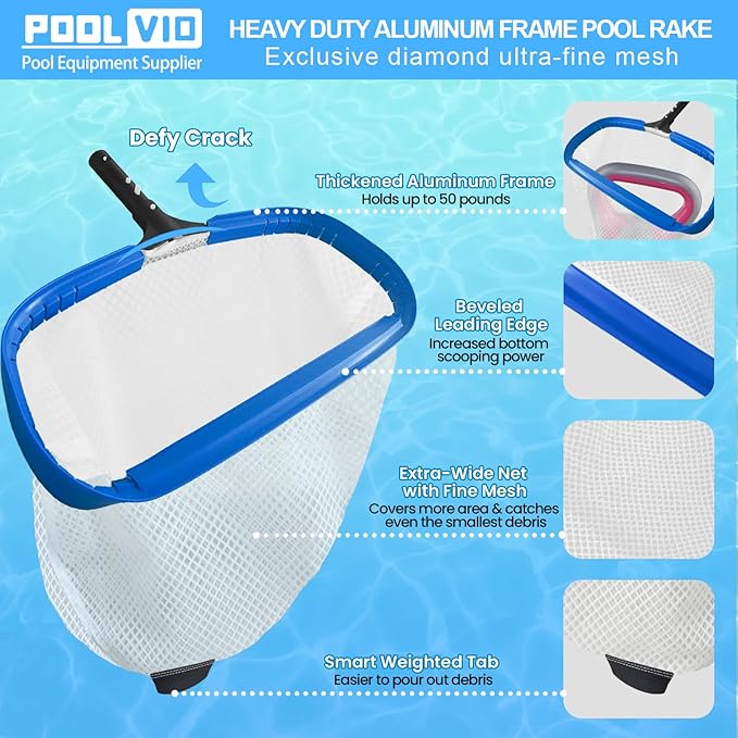 Poolvio 20" Pool Net Skimmer – Heavy Duty Leaf Net with Aluminum Frame with Diamond-Pattern Ultra-Fine Soft Mesh Bag – Pool Cleaning Net for Leaves, Sand, Pollen & Small Debris (No Pole)