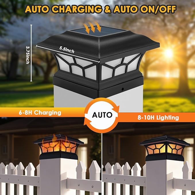 2 Pack Solar Post Cap Lights Outdoor Flickering Flame & Warm White, Fits 4x4 5x5 6x6 Wooden or Vinyl Posts, Waterproof Solar Fence Deck Lights for Yard Garden Patio Decoration.