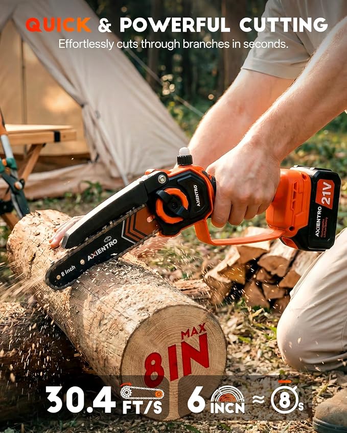 Electric Pole Saws for Tree Trimming, 2-in-1 Bruless Motor Mini Chainsaw & Pole Saw, 8-in Electric Chainsaw Cordless with Extendsion Pole, 2x4000mAh Li Batteries & Charger, 16FT Max Reach
