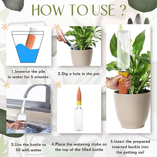 Ziliny 8 Pack Terracotta Watering Spikes Devices, Plant Self Watering Spikes with 25 oz Plastic Wine Bottles, Slow Release Vacation Insert Plant Waterer Devices for Indoor Outdoor