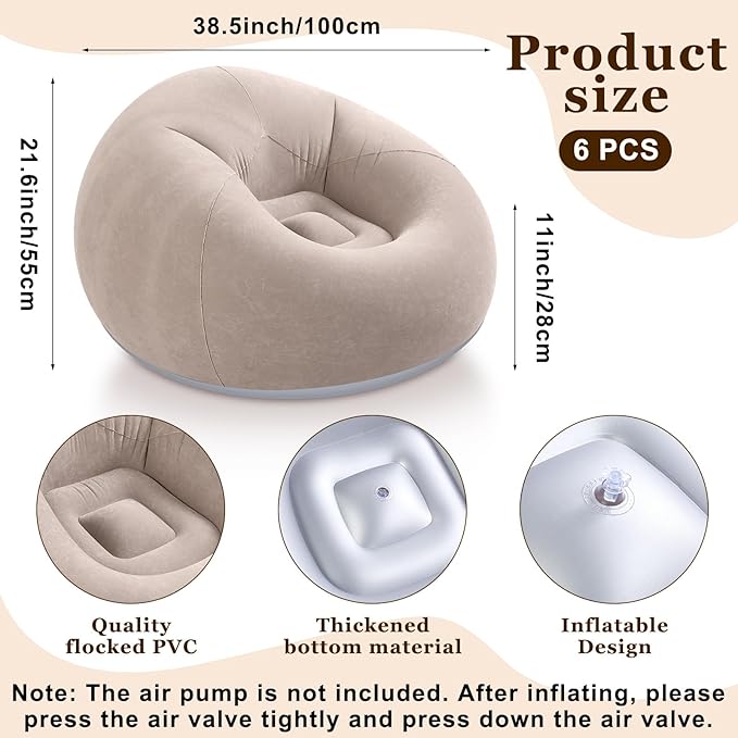 Realspring Inflatable Bean Bag Chairs Outdoor Blow up Camping Chairs Inflatable Lazy Sofa Folding Portable Bean Bag Loungers Couch for Movie Night(Coffee,6 Pcs)