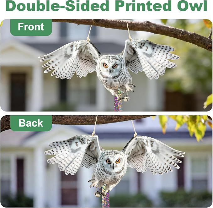 Flat Plastic Owl Scarer Hanging Device, 5 Pack Dual-Side Printed Owl with Reflective Tape and Bell for Garden Patio Farm Yard Window Porch, Outdoor Pigeon Woodpecker Scare Decoration, Not 3D