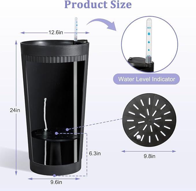 24in Tall Self-Watering Planters Set of 2, Black | Water level indicator, Self-watering irrigation system, Non-toxic PP plastic, Weather Resistant, Indoor Outdoor Use