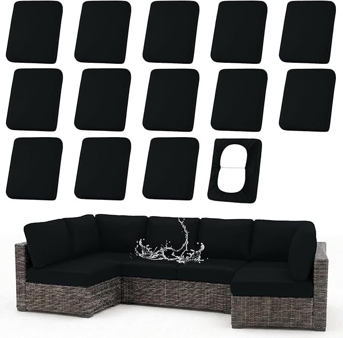 hyha Waterproof Outdoor Cushion Covers for Patio Furniture, Stretch Patio Chair Cushion Slipcovers, Coated UV Resistant Replacement Seat Covers, Solid Color (Black, 14PC)
