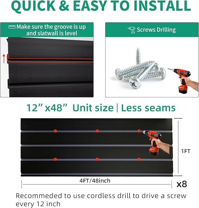 FRAYSCENT Slat Wall Paneling Garage Slat Wall Storage Systems Slatwall Panels Power Tool Organizer Wall Mount, PVC Garage Storage & Organization Products Slate Board (Black, 4ft x 8ft)