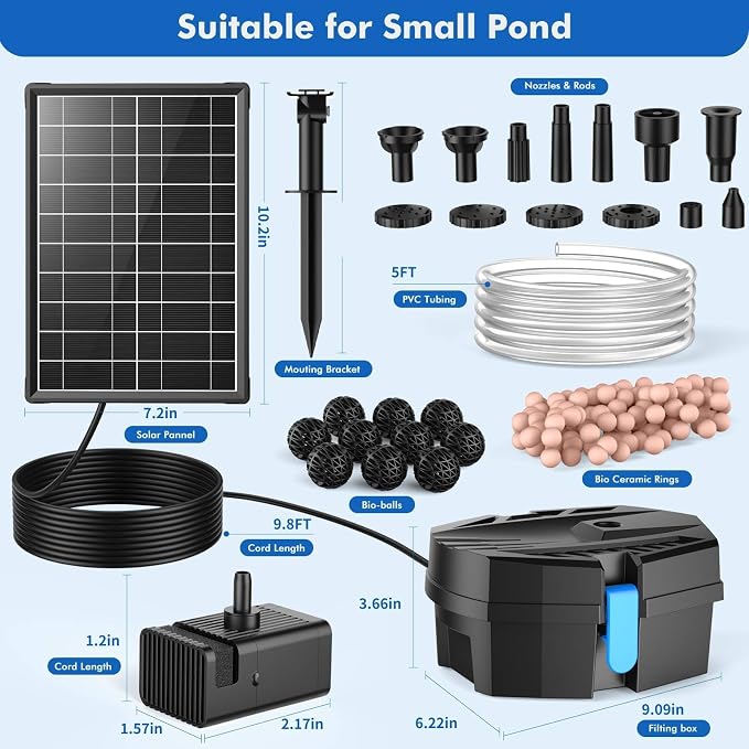 POPOSOAP Solar Pond Filter with Fountain Pump Kit, 8W Solar Water Fountain Pump, Solar Pond Pump for Outdoor Pond BirdBath Fountain Waterfall DIY Water Feature-P3081