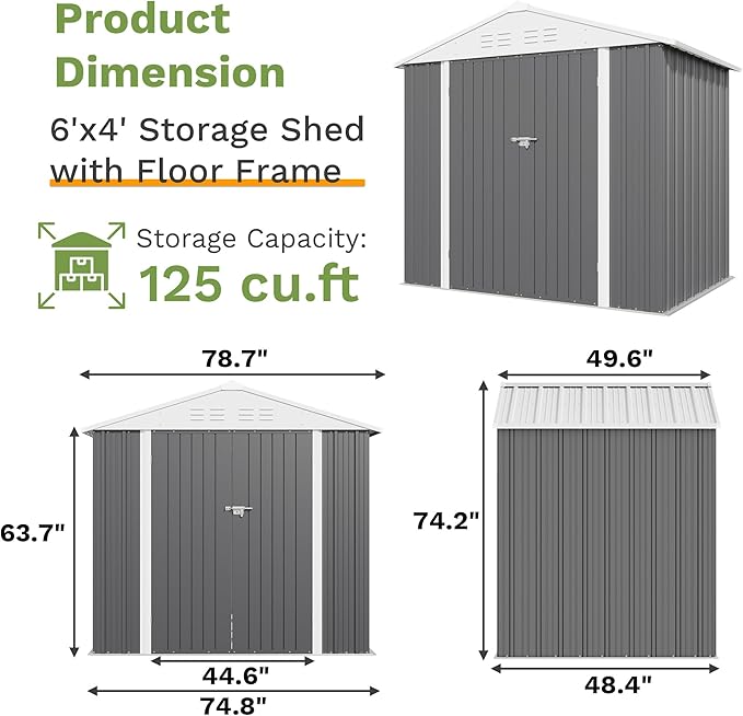 Patiowell 6x4 FT Outdoor Storage Shed with Floor Frame, Metal Garden Patio Sheds with Sloping Roof and Lockable Door, Waterproof Steel Tool Shed for Backyard Garden Lawn, Gray