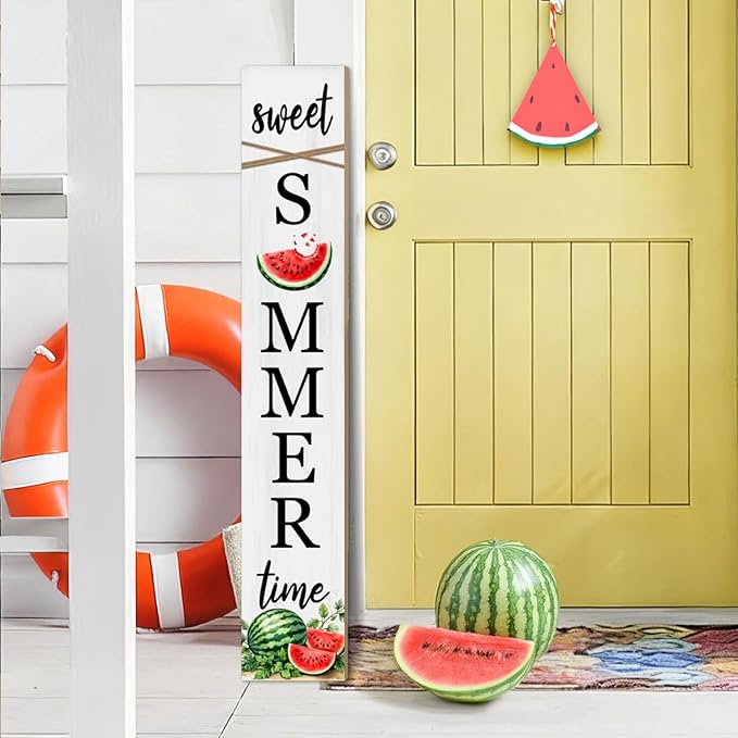 Summer Watermelon Porch Sign Sweet Summer Time Welcome Sign For Front Porch, Cute Fruit Home Decor Welcome Sign for Indoor Outdoor Garden Wooden Vertical Sign For Patio Front Door Wall Yard