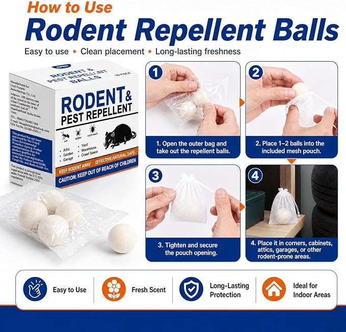 Mouse Repellent Balls 32 Pack, Peppermint Rodent Repellent for Mice and Rats, Natural Mouse Deterrent Indoor Outdoor, Long Lasting Pest Control for Home, Garage, Basement, Attic, Car