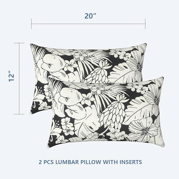 LVTXIII Outdoor/Indoor Lumbar Pillows, Decorative Patio Lumbar Cushions, Fluffy Fade Resistant Throw Pillow Cushions for Home Patio Coach Sofa, 12×20 Inch, Pack of 2, Tropical Blossom Noir