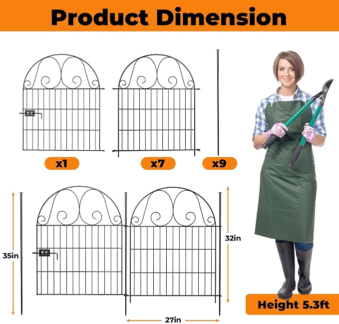 8 Pannels Garden Fence Animal Barrier,Decorative Garden Fence with Gate, No Dig Fencing for Yard,32in(H),Total Length 17.5Ft，Arched Metal Fence Panels,Rustproof Black
