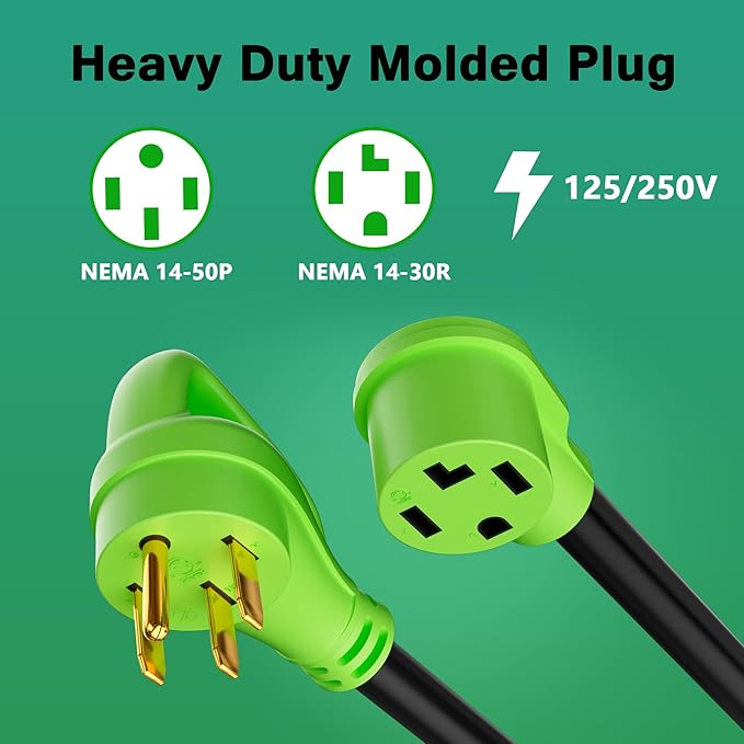 4 Prong 50 Amp to 30 Amp EV Dryer Charger Adapter Cord, Compatible with EV and Dryer Use, STW, 10AWG, for Level 2 EV and Dryer Plug Conversion, NEMA 14-50P to 14-30R, 125V/250V, 1FT, Green