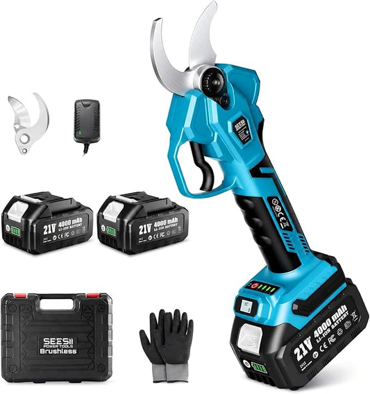 SEESII Electric Pruning Shears Cordless: Up to 1.6" Cutting Diameter Power Pruner - 2 Pcs 4.0Ah Batteries, Brushless Motor, Extra SK5 Blade, 4 Modes Adjustable Branch Cutter for Tree Flower Trimming