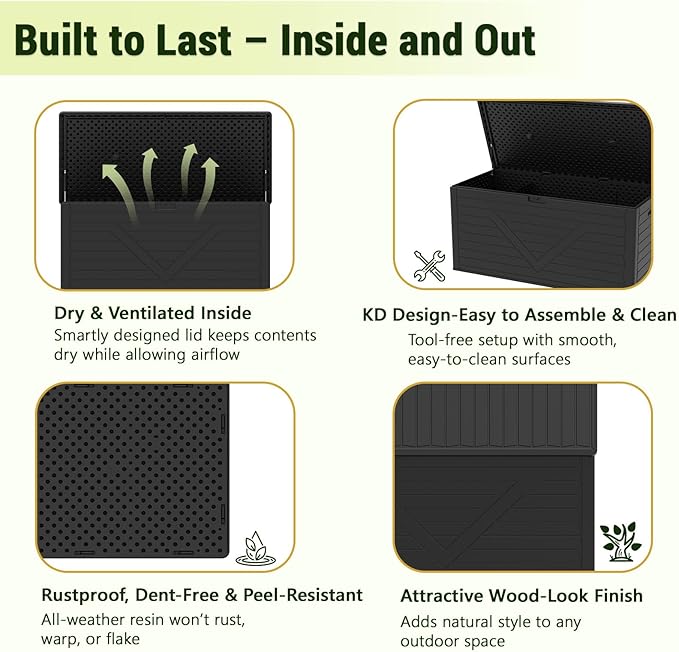 Outdoor Storage Box,260 Gallon Deck Box Outdoor Storage Bench Outside Waterproof Resin Storage Bench, Lockable Patio Cushions, Garden Tools Storage For Furniture, UV Resistant (Black)