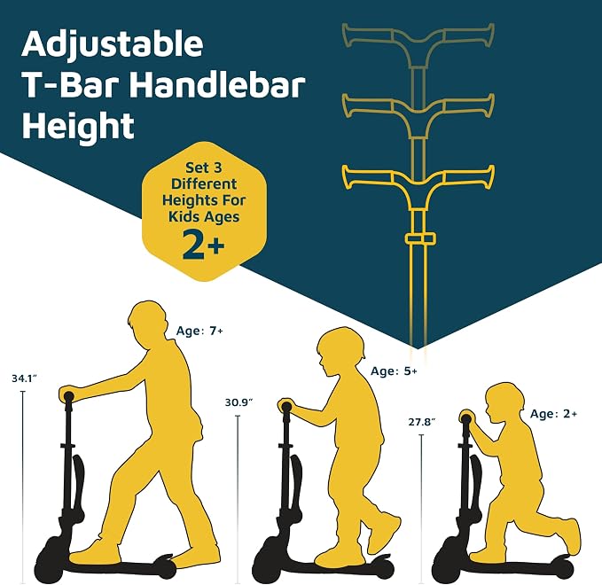 3 Wheel Scooter for Kids with Foldable Seat, Adjustable Handlebar Height, Lean-to-Steer Ride On Toy for Kids Ages 2+, Light-Up LED Wheels, Wide Anti Slip Deck, Indoor & Outdoor Use