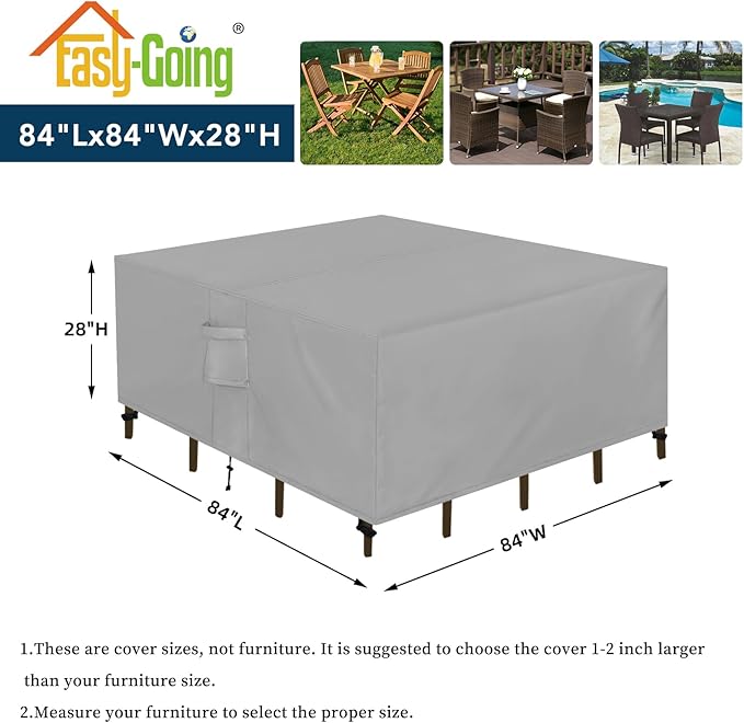 Easy-Going Square Patio Furniture Cover Waterproof Outdoor Dining Table and Chair Cover Anti-UV Outside Sectional Sofa Set Covers (84"L x 84"W x 28"H, Grey)
