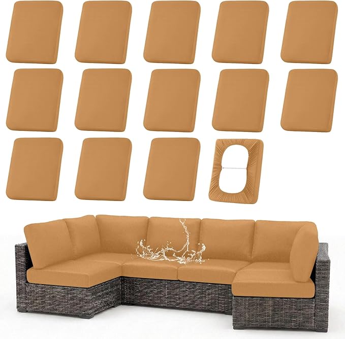 hyha Waterproof Outdoor Cushion Covers for Patio Furniture, Stretch Patio Chair Cushion Slipcovers, Coated UV Resistant Replacement Seat Covers, Solid Color (Camel, 14PC)